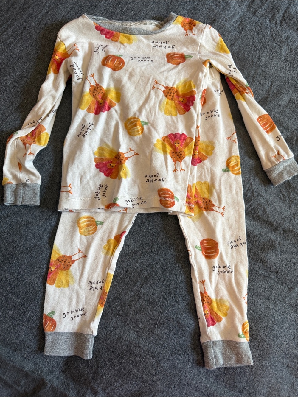 Kids Thanksgiving Turkey Print Long Sleeve Pajama Set - Cream/Yellow/Pink